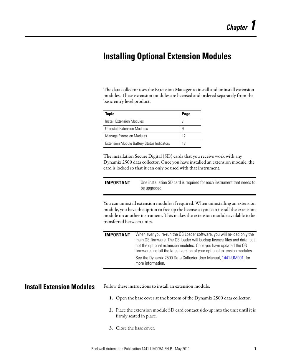 Installing optional extension modules, Install extension modules, Chapter 1 | Chapter | Rockwell Automation 1441-DYN25-MREC Time Recorder Extension Module for the Dynamix 2500 User Manual | Page 7 / 36