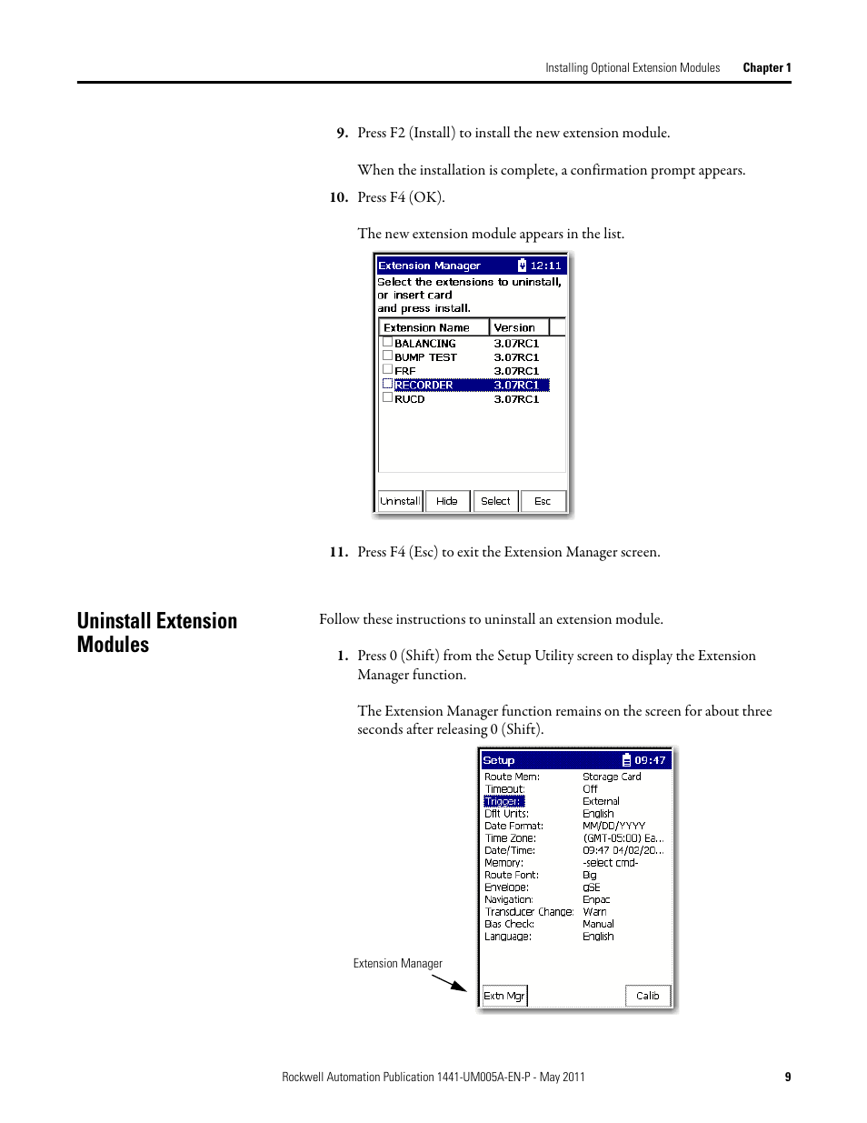 Uninstall extension modules | Rockwell Automation 1441-DYN25-MREC Time Recorder Extension Module for the Dynamix 2500 User Manual | Page 9 / 36