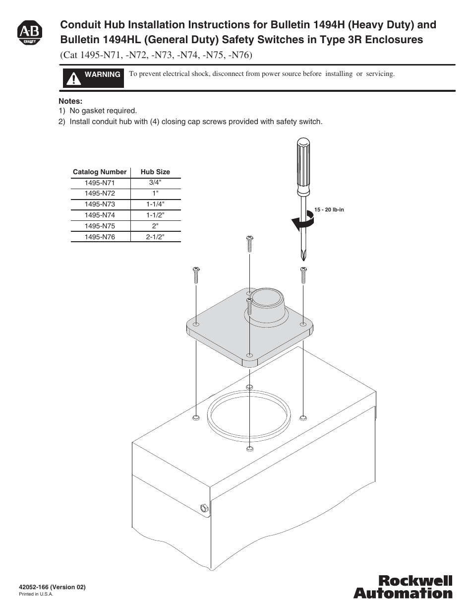 Rockwell Automation 1495-N71 -  1495-N76 Conduit Hub for Bul 1494H and 1494HL Safety Switches-Type 3R Enclosures User Manual | 1 page