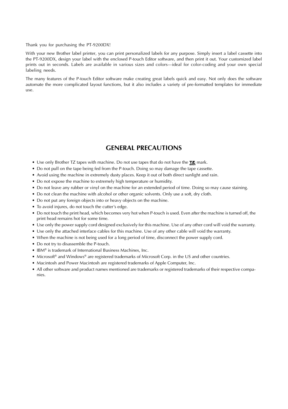 General precautions | Brother PT-9200 User Manual | Page 2 / 40