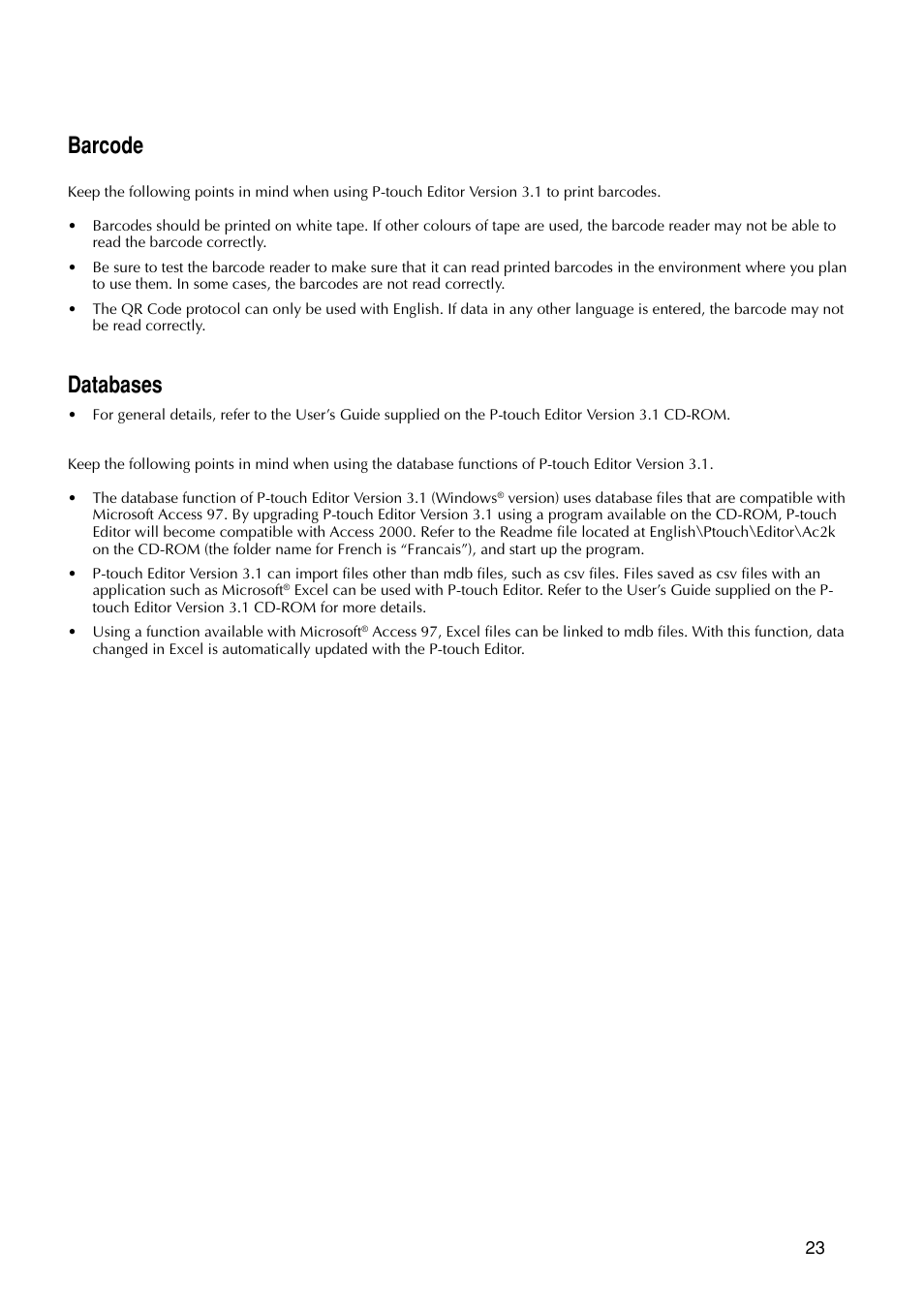 Barcode, Databases | Brother PT-9200 User Manual | Page 25 / 40