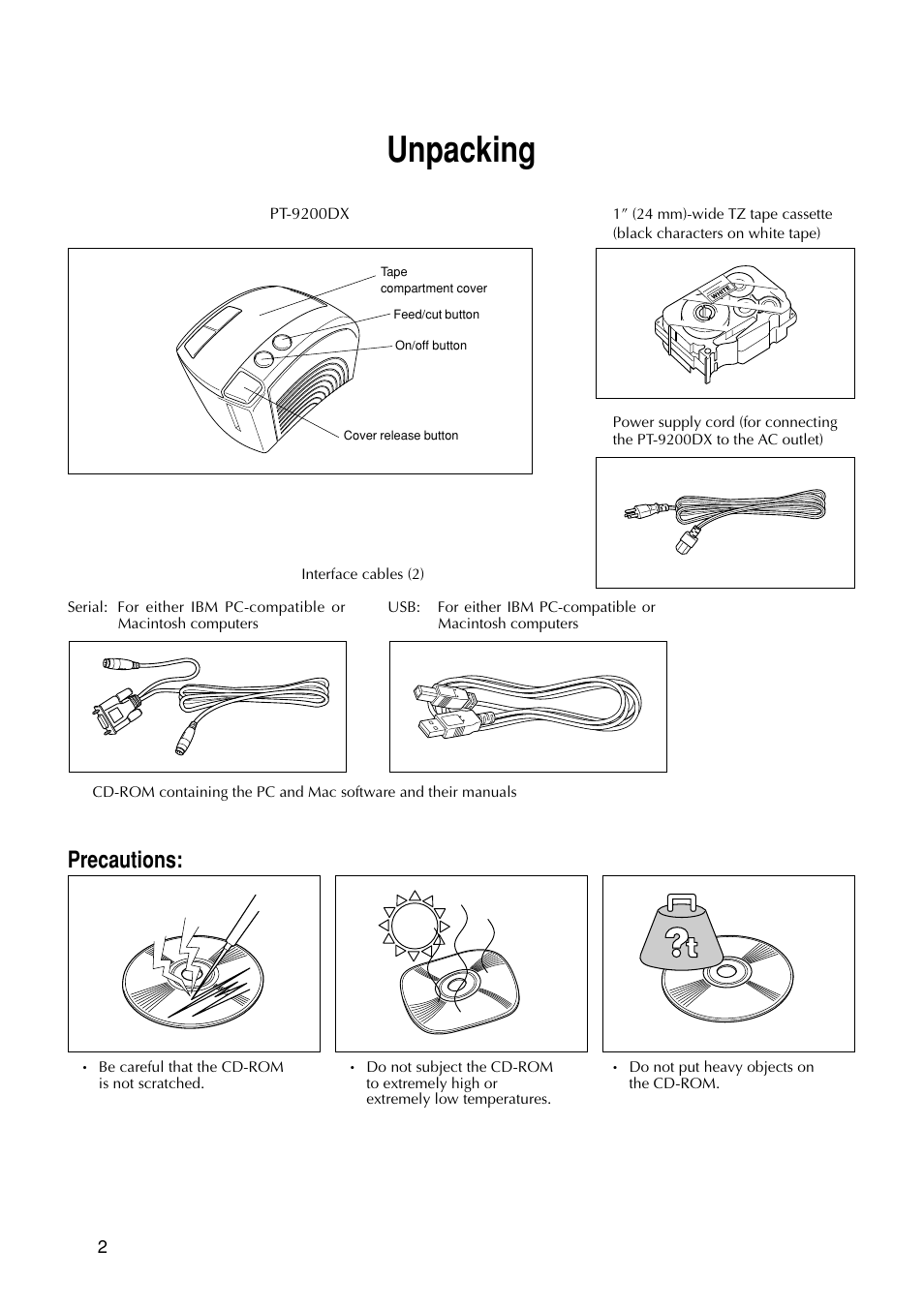 Unpacking, Precautions | Brother PT-9200 User Manual | Page 4 / 40