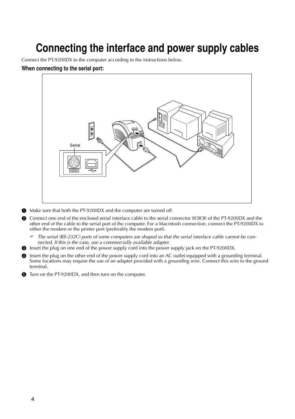 Connecting the interface and power supply cables | Brother PT-9200 User Manual | Page 6 / 40