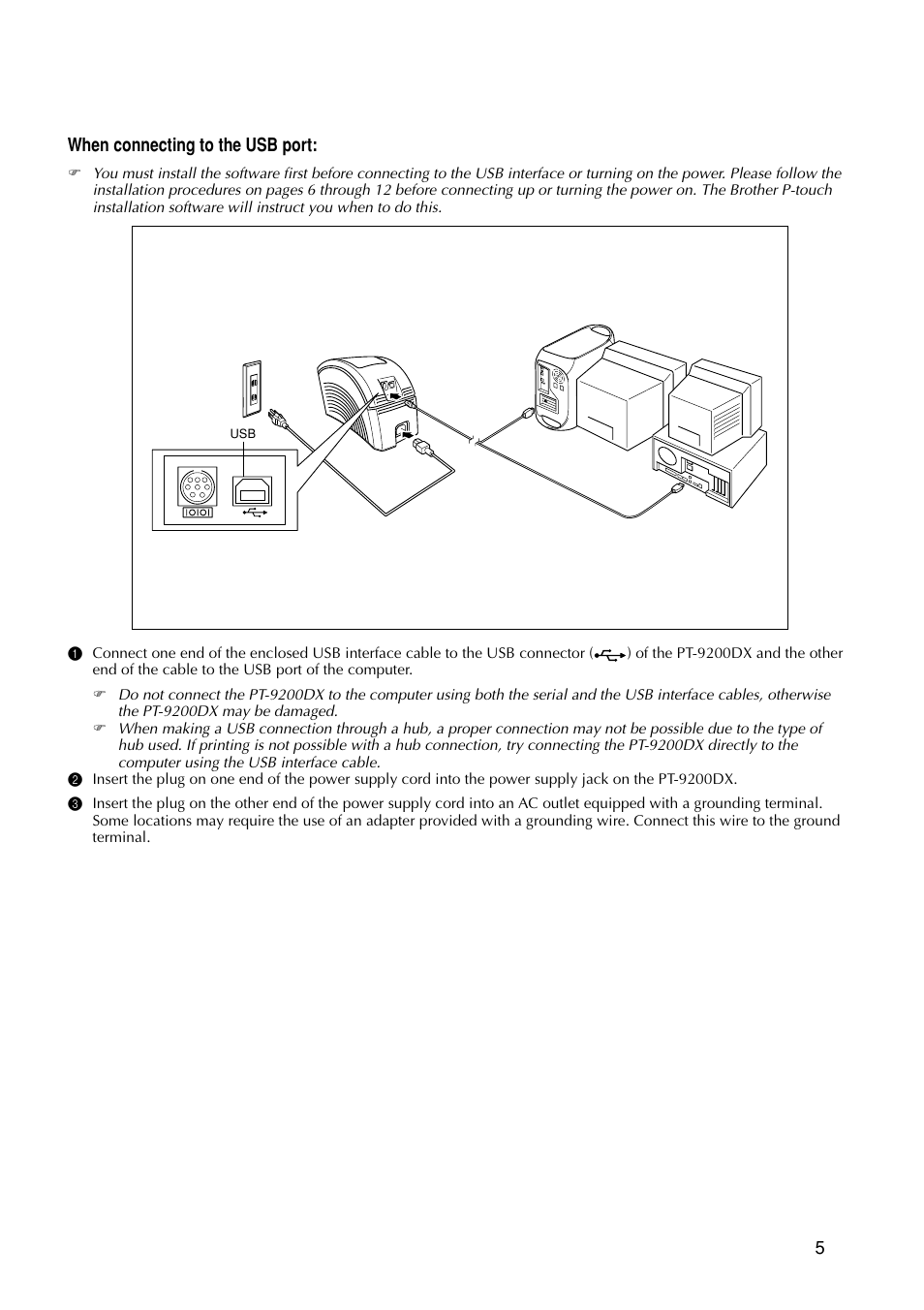 When connecting to the usb port | Brother PT-9200 User Manual | Page 7 / 40