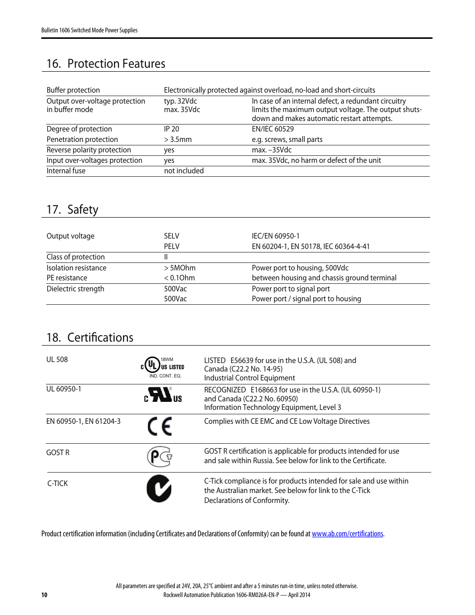 Protection features, Safety, Certifications | Rockwell Automation 1606-XLSBUFFER24 Power Supply Reference Manual User Manual | Page 10 / 14