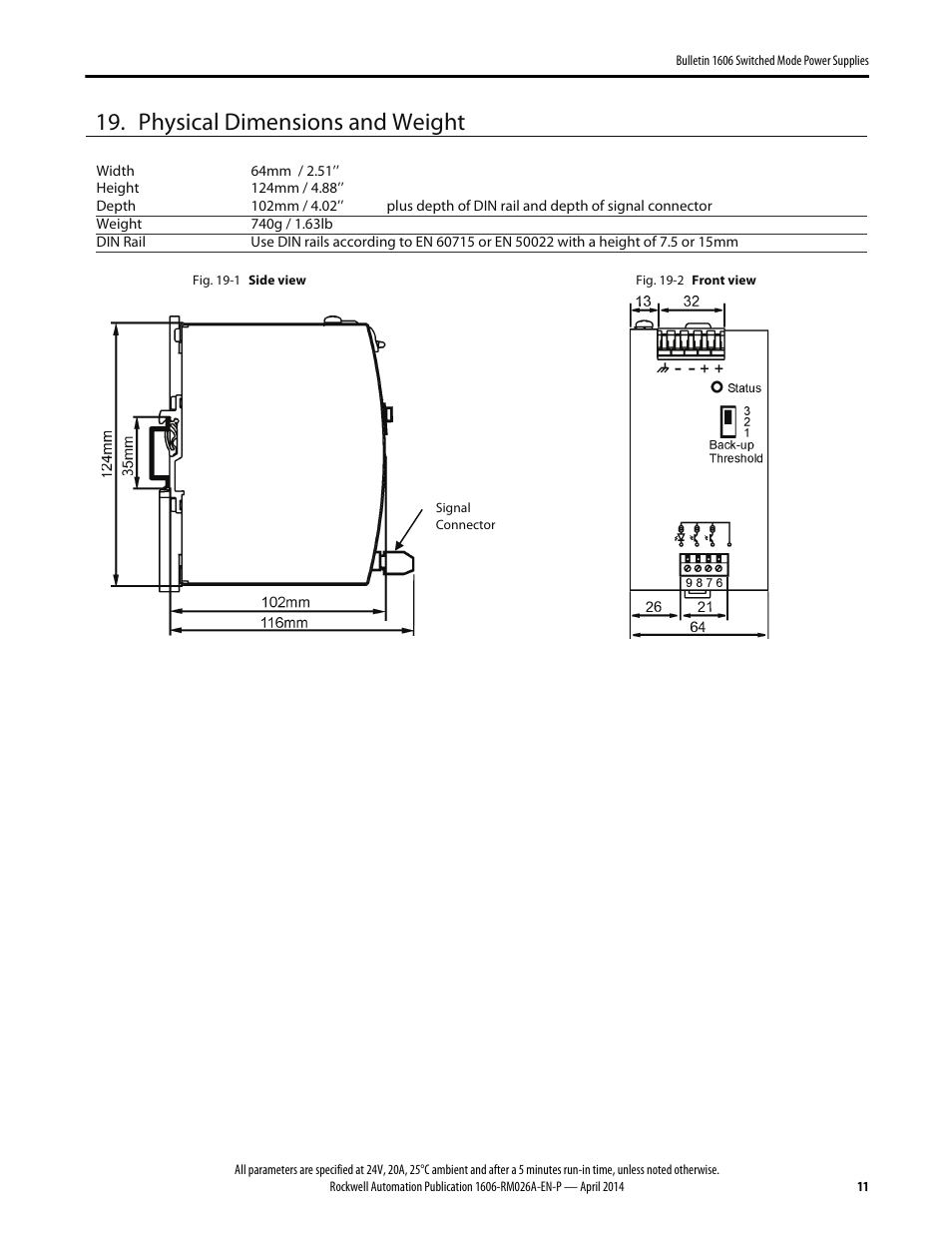 Physical dimensions and weight | Rockwell Automation 1606-XLSBUFFER24 Power Supply Reference Manual User Manual | Page 11 / 14