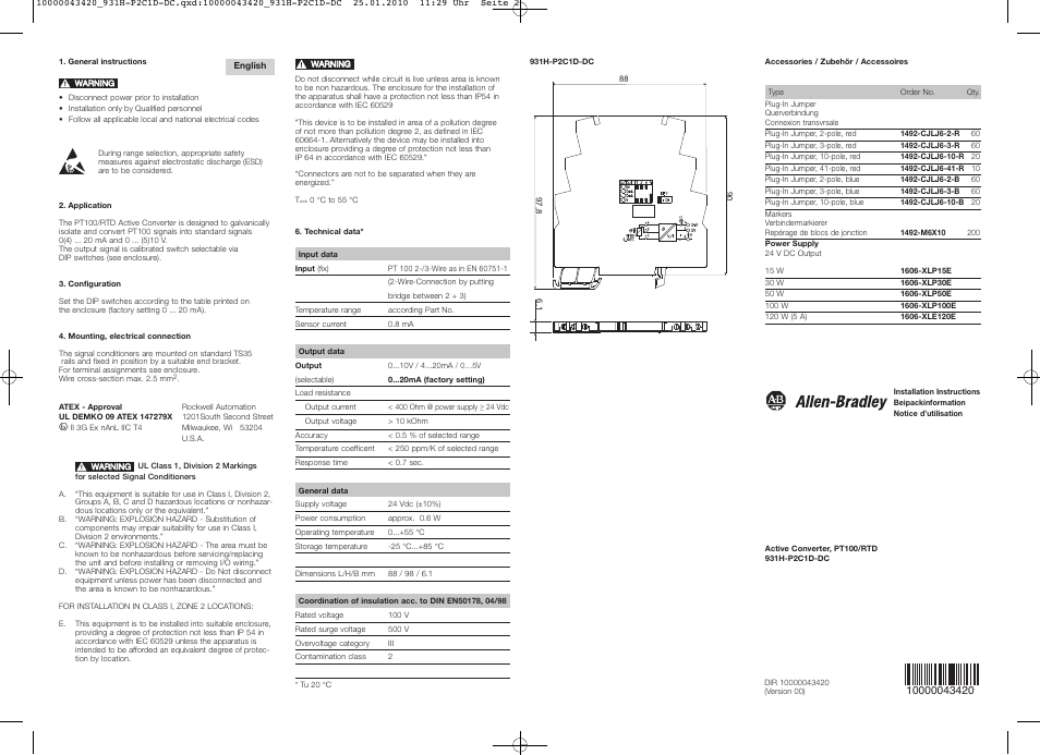 Rockwell Automation 931H-P2C1D-DC Active Converter, PT100/RTD User Manual | Page 2 / 2