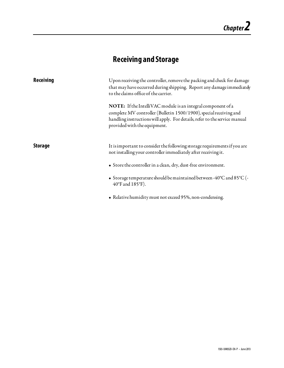 Chapter 2, Receiving and storage, Chapter | Rockwell Automation 1503 IntelliVAC Contactor Control Module - Series C and later User Manual | Page 12 / 53