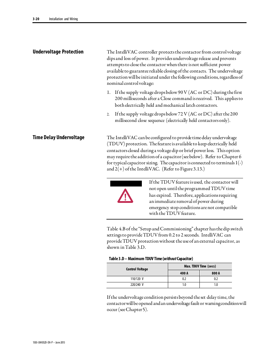 Undervoltage protection, Time delay undervoltage | Rockwell Automation 1503 IntelliVAC Contactor Control Module - Series C and later User Manual | Page 33 / 53