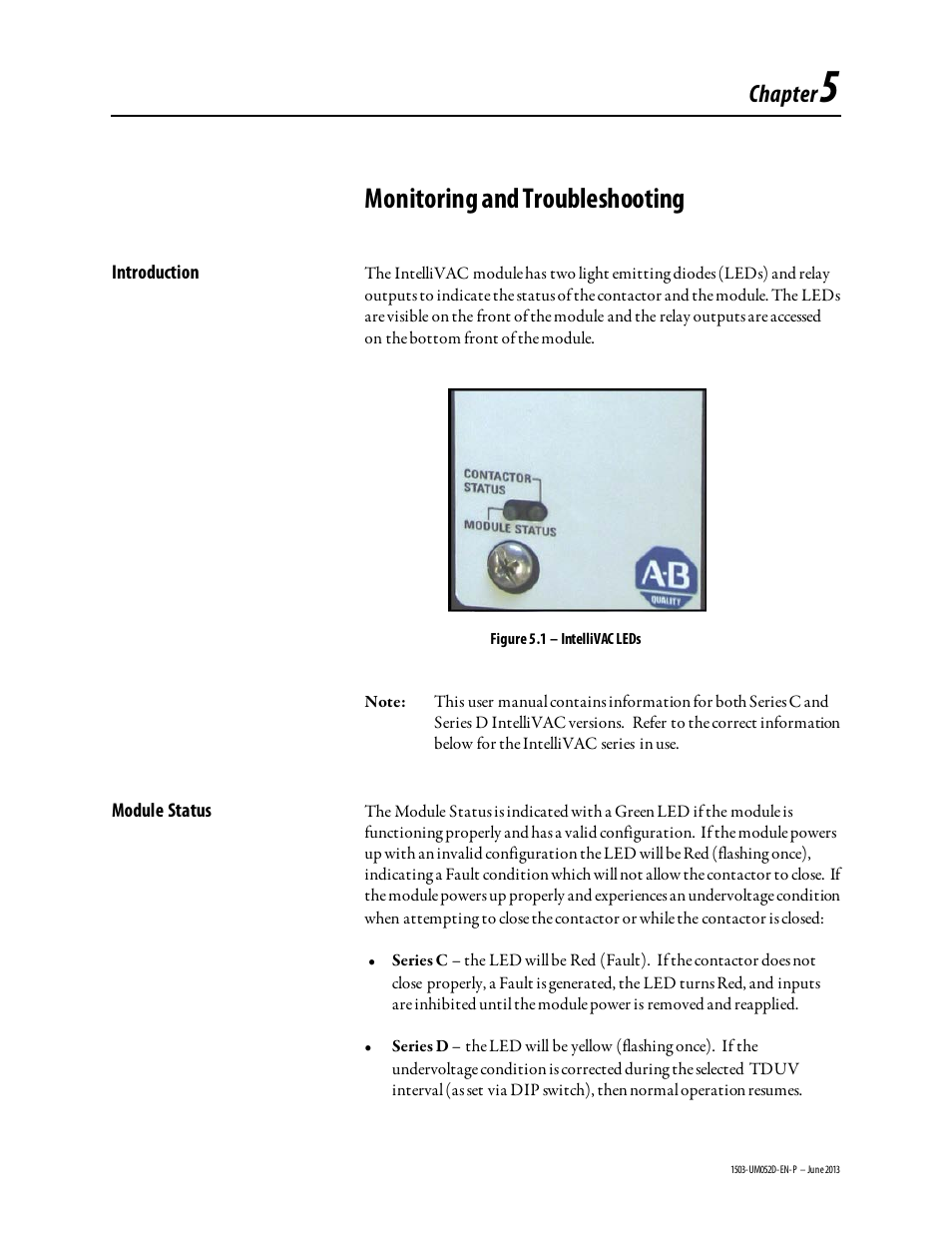 Chapter 5, Monitoring and troubleshooting, Chapter | Rockwell Automation 1503 IntelliVAC Contactor Control Module - Series C and later User Manual | Page 40 / 53