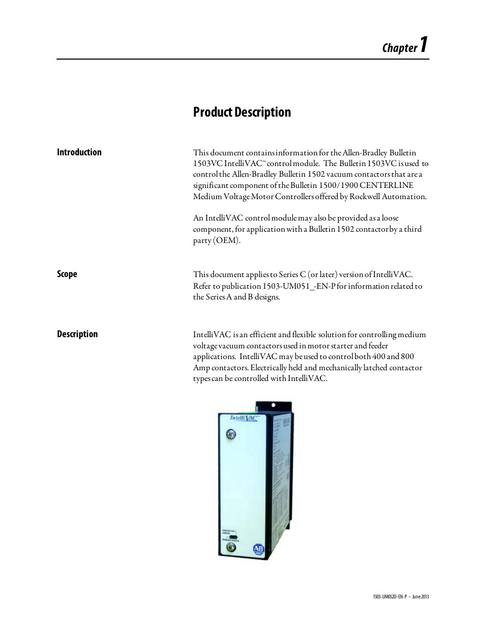 Chapter 1, Product description, Chapter | Rockwell Automation 1503 IntelliVAC Contactor Control Module - Series C and later User Manual | Page 5 / 53