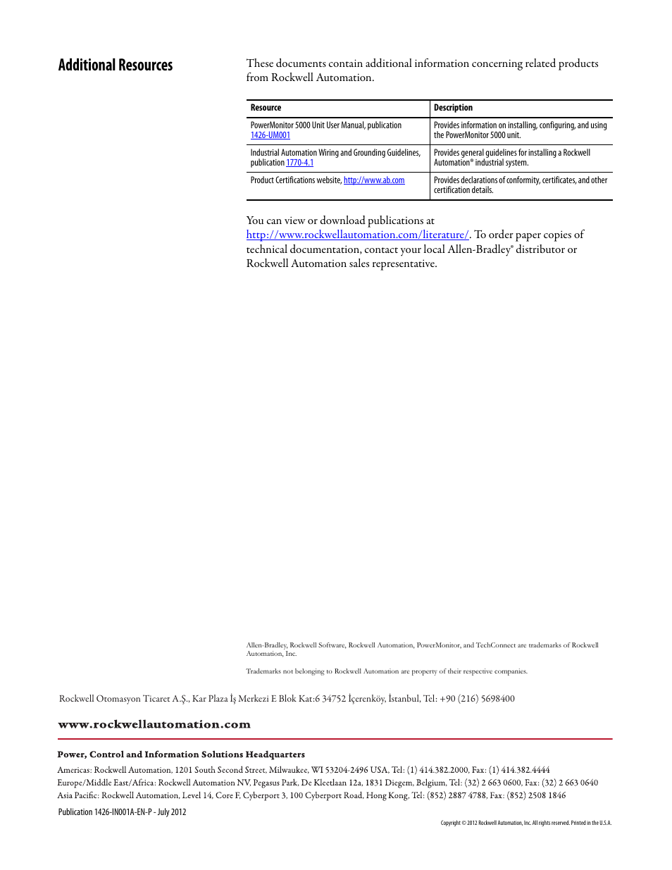 Additional resources, Back cover | Rockwell Automation 1426-COMM-DNT PowerMonitor 5000 Unit Optional Communication Modules User Manual | Page 8 / 8