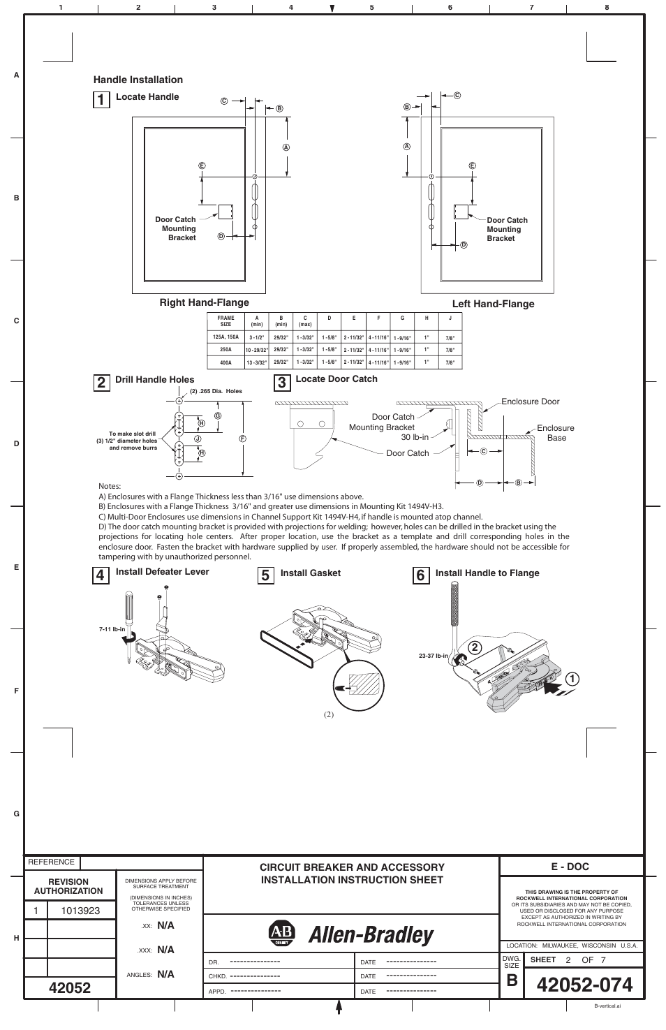 E - doc, Handle installation, Right hand-flange left hand-flange | Rockwell Automation 1494V Flange Operated Circuit Breaker Kits (125A / 150A / 250A / 400A) User Manual | Page 2 / 6