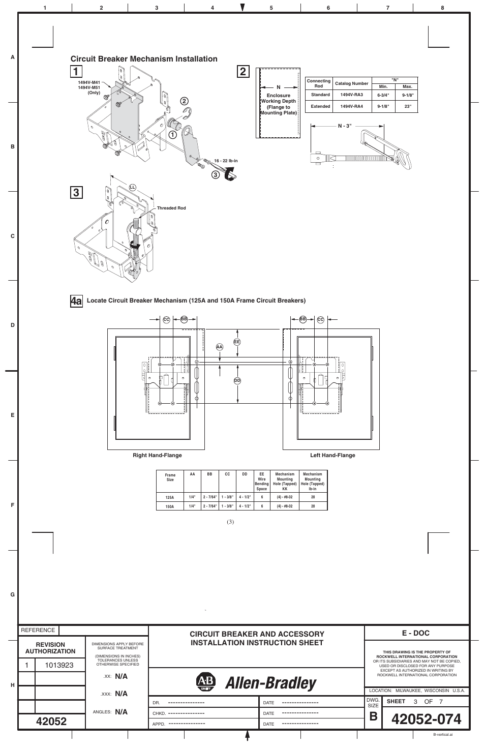 Circuit breaker mechanism installation, E - doc | Rockwell Automation 1494V Flange Operated Circuit Breaker Kits (125A / 150A / 250A / 400A) User Manual | Page 3 / 6