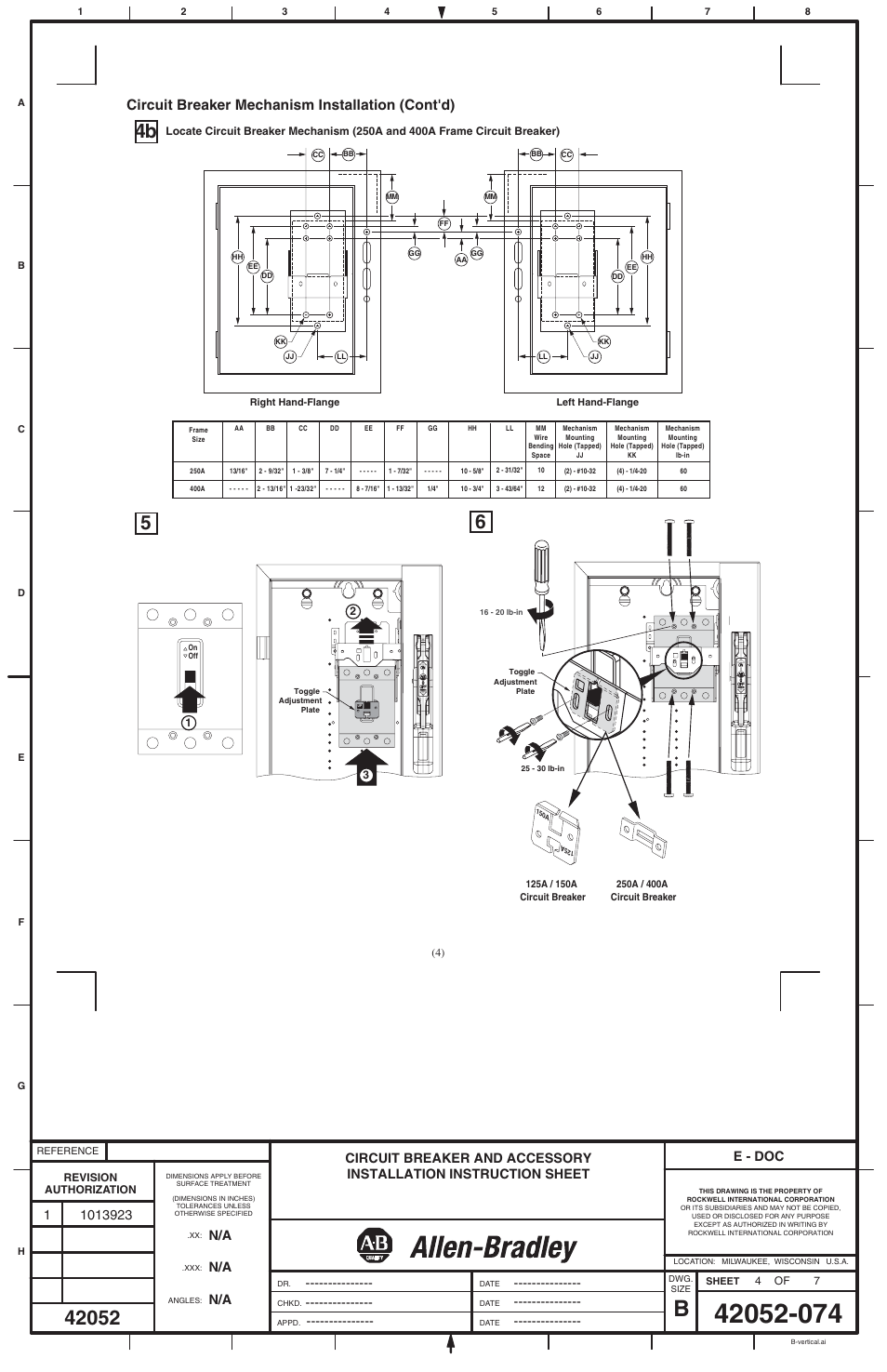 Circuit breaker mechanism installation (cont'd), E - doc | Rockwell Automation 1494V Flange Operated Circuit Breaker Kits (125A / 150A / 250A / 400A) User Manual | Page 4 / 6