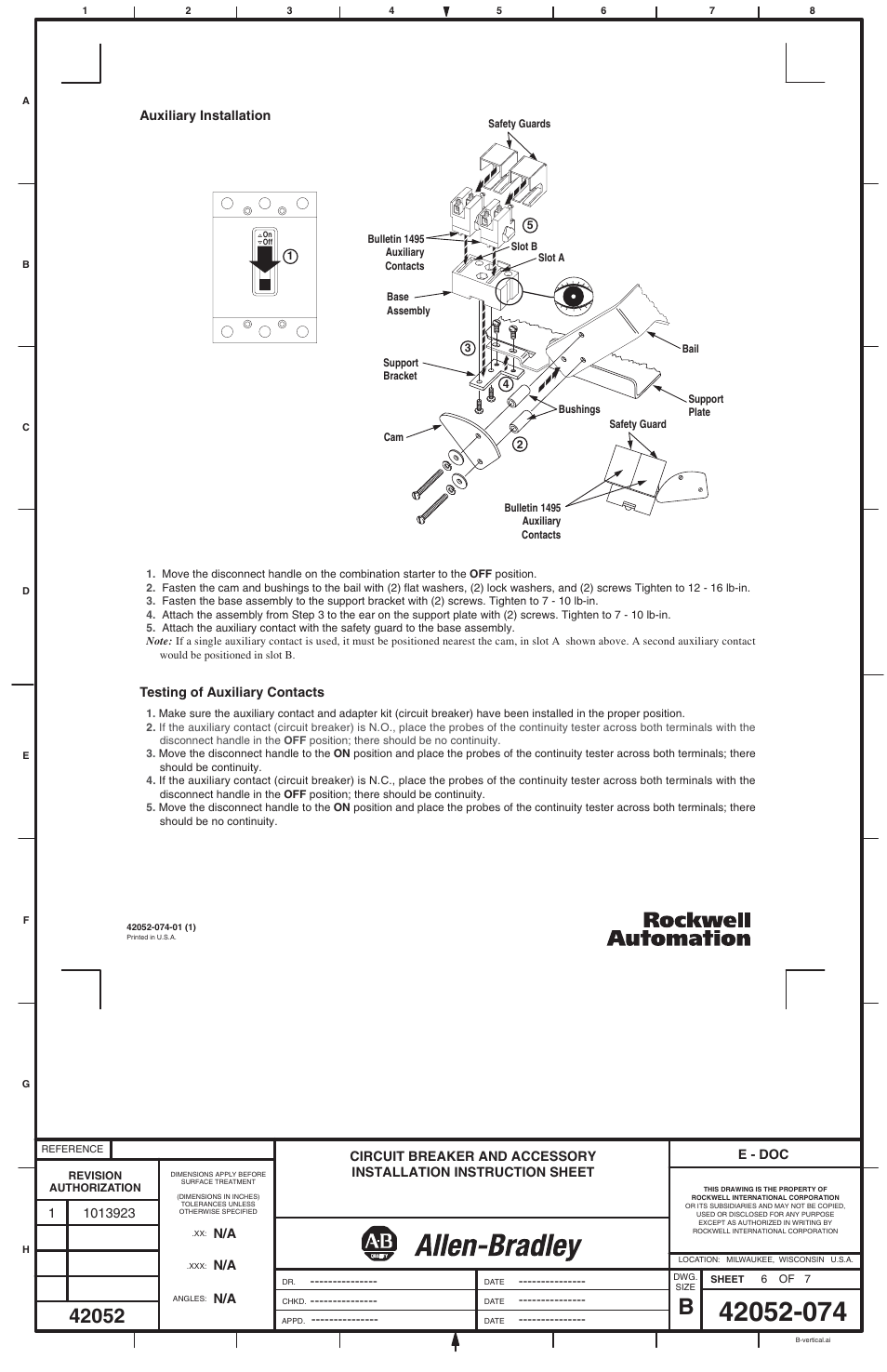 Rockwell Automation 1494V Flange Operated Circuit Breaker Kits (125A / 150A / 250A / 400A) User Manual | Page 6 / 6