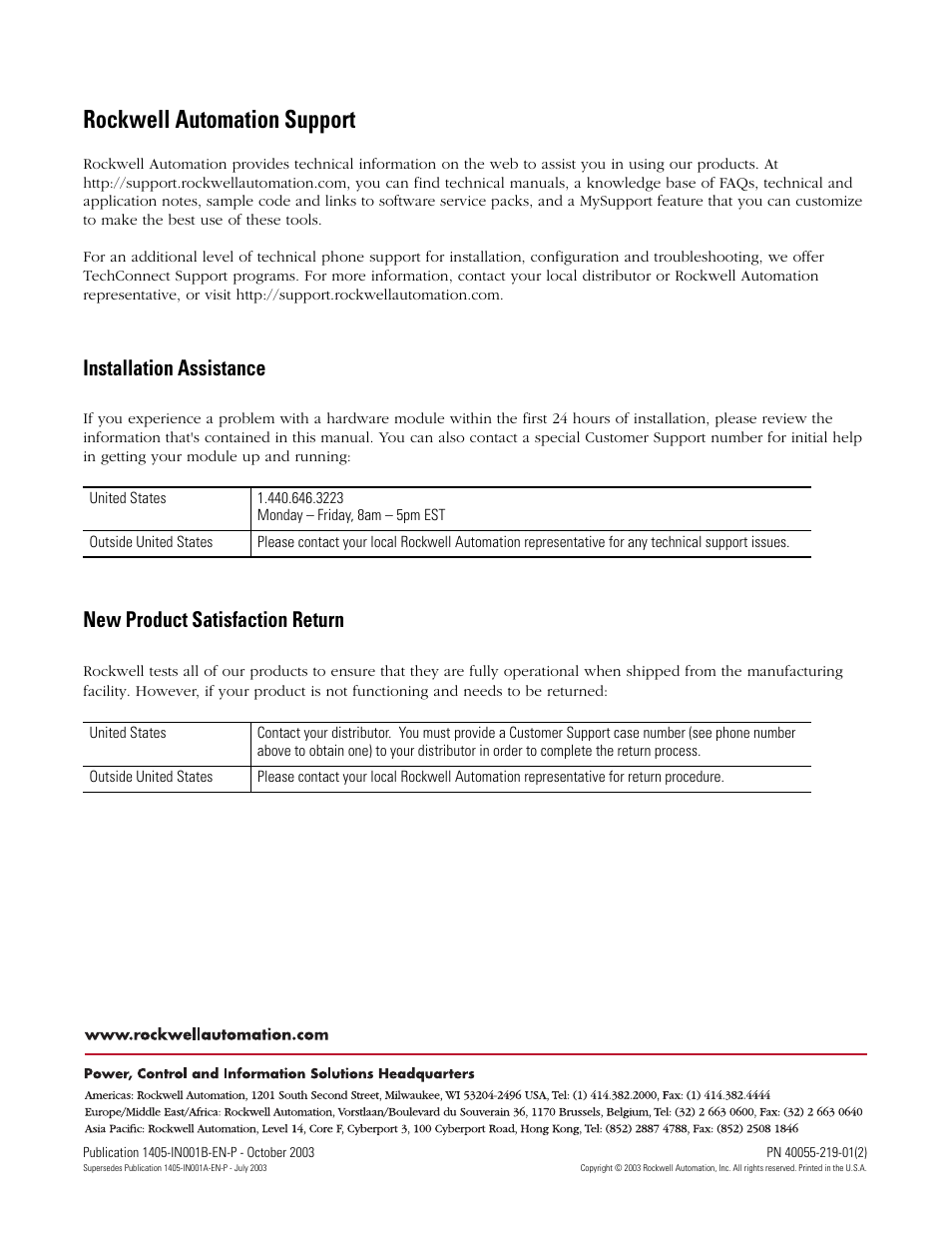 Back cover, Rockwell automation support, Installation assistance | New product satisfaction return | Rockwell Automation 1405-M610 Operating Instructions User Manual | Page 12 / 12