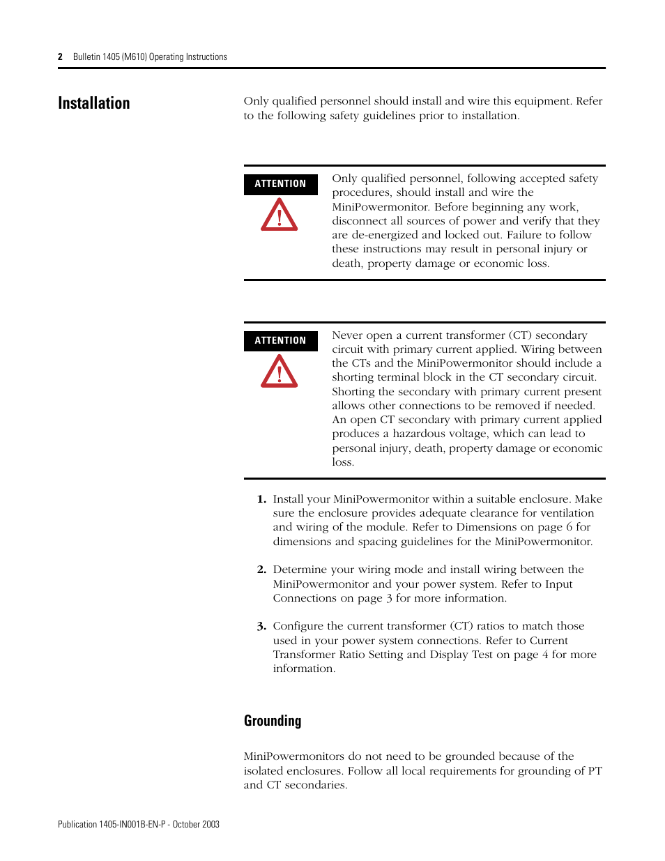 Installation, Grounding | Rockwell Automation 1405-M610 Operating Instructions User Manual | Page 2 / 12