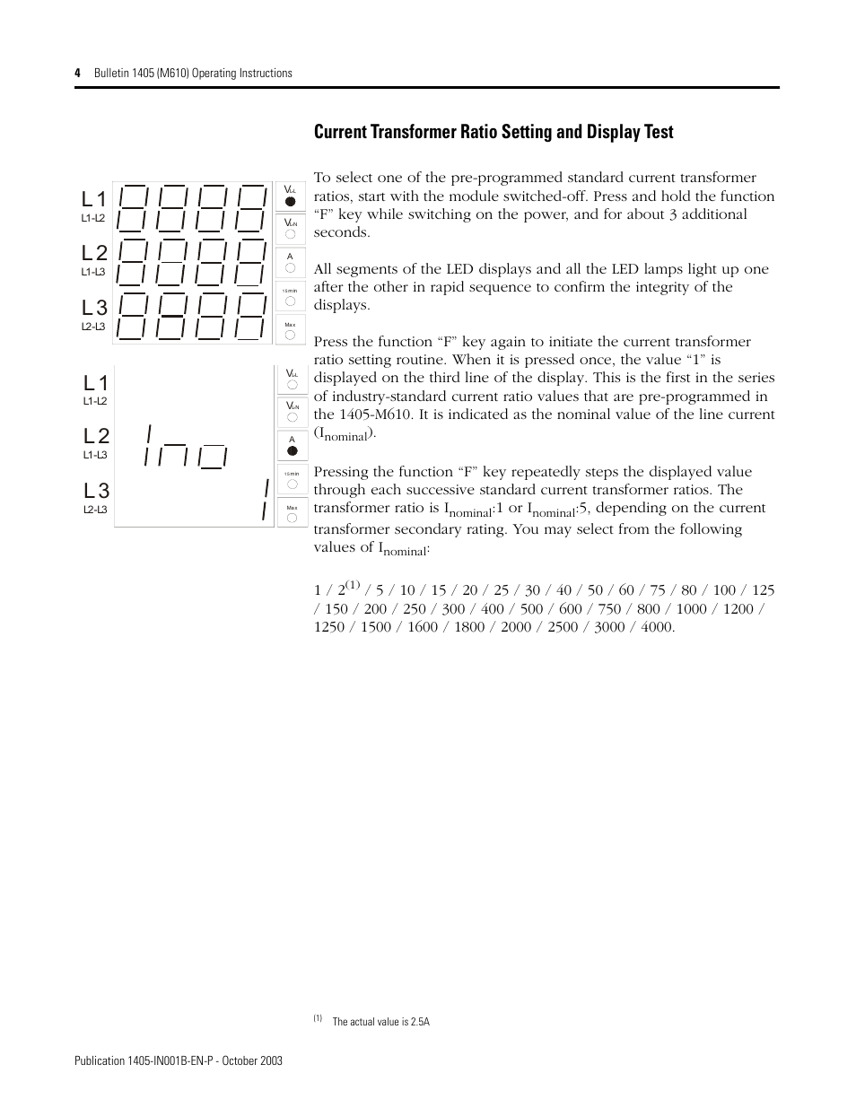 Current transformer ratio setting and display test, 1 or i | Rockwell Automation 1405-M610 Operating Instructions User Manual | Page 4 / 12