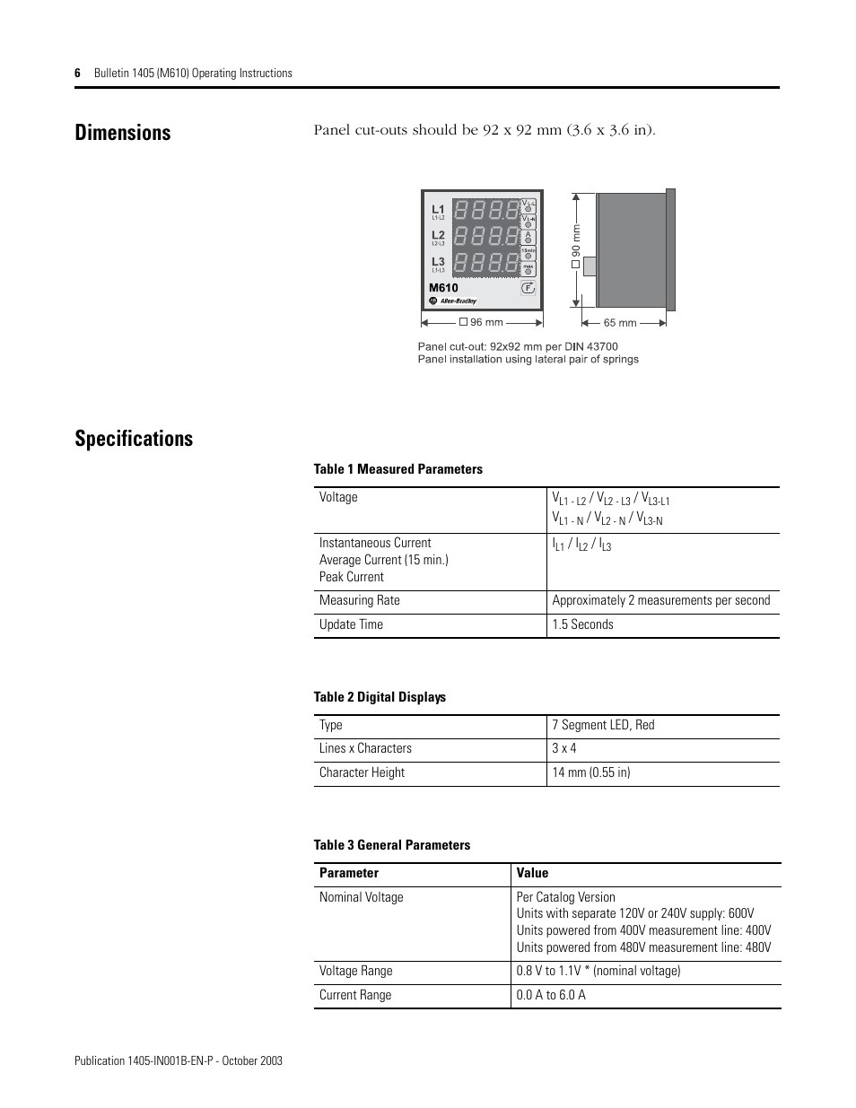 Dimensions, Specifications | Rockwell Automation 1405-M610 Operating Instructions User Manual | Page 6 / 12