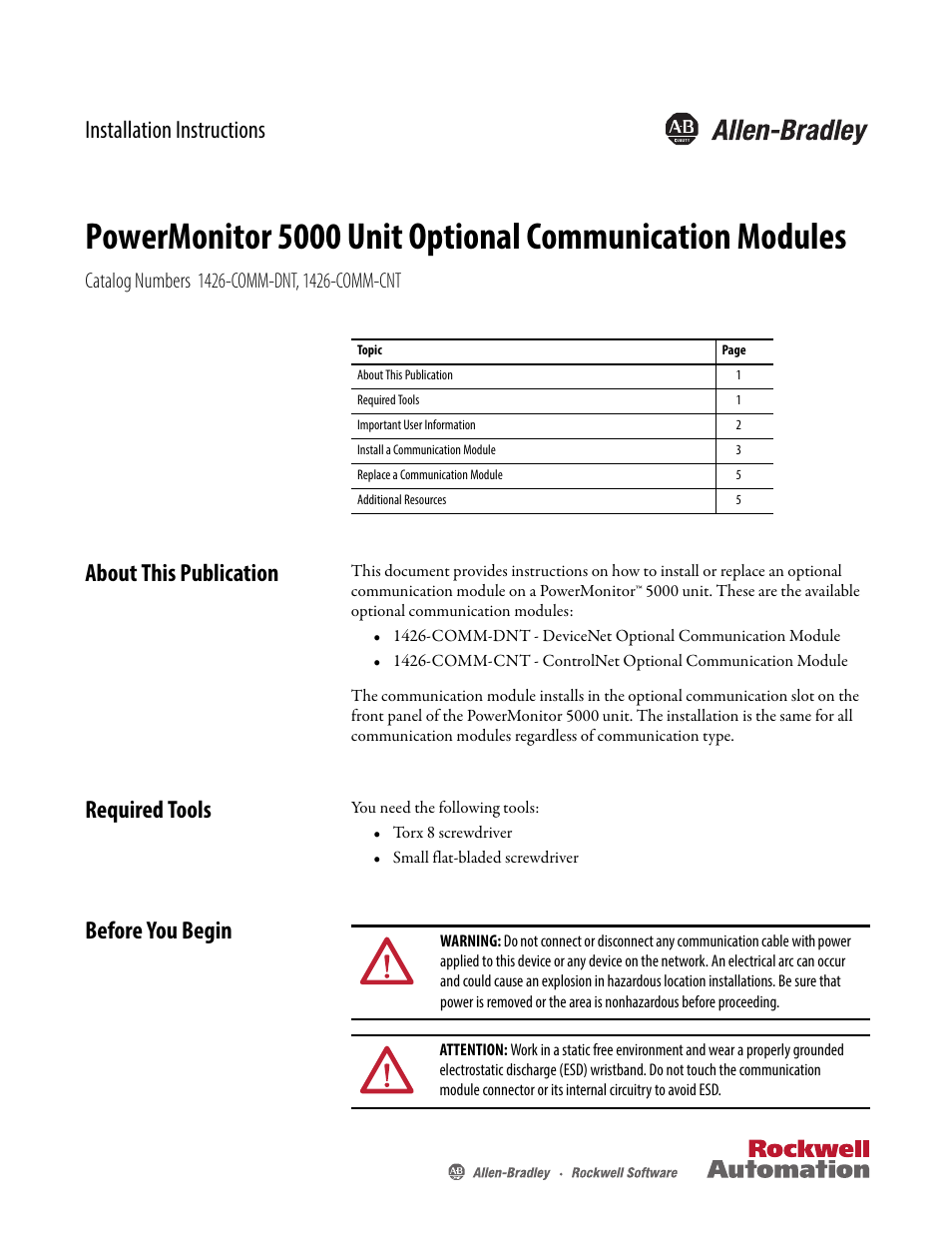 Rockwell Automation 1426-COMM-CNT PowerMonitor 5000 Unit Optional Communication Modules User Manual | 6 pages