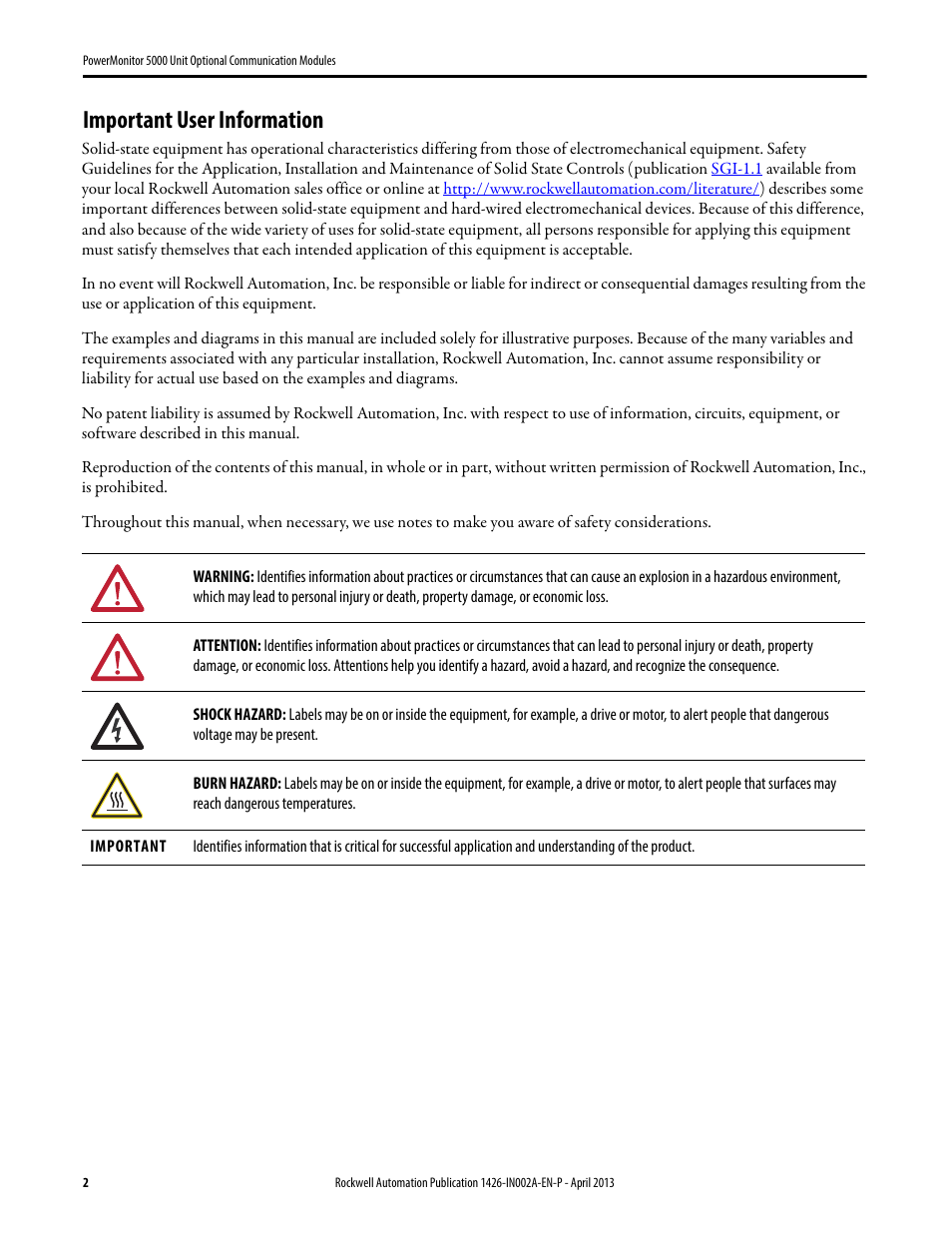 Important user information | Rockwell Automation 1426-COMM-CNT PowerMonitor 5000 Unit Optional Communication Modules User Manual | Page 2 / 6