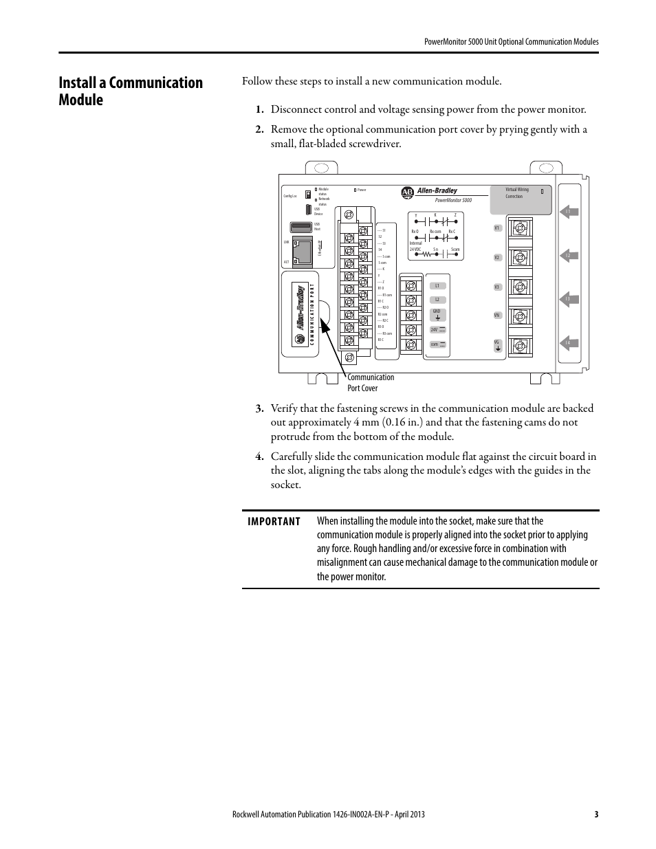 Install a communication module, Communication port cover | Rockwell Automation 1426-COMM-CNT PowerMonitor 5000 Unit Optional Communication Modules User Manual | Page 3 / 6