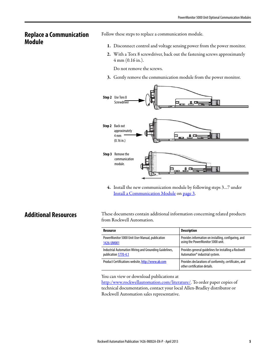 Replace a communication module, Additional resources | Rockwell Automation 1426-COMM-CNT PowerMonitor 5000 Unit Optional Communication Modules User Manual | Page 5 / 6