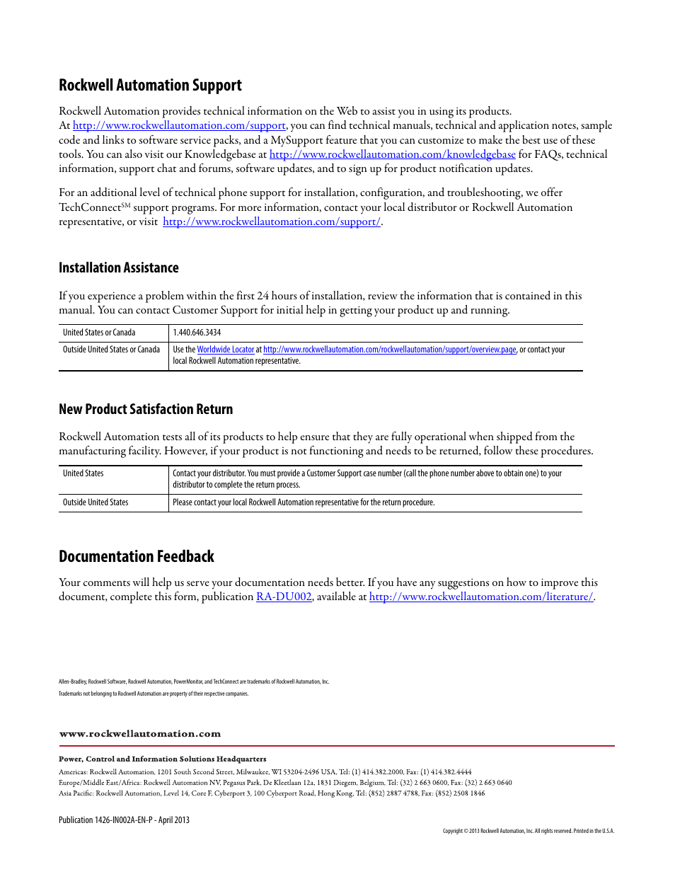 Back cover, Rockwell automation support, Documentation feedback | Installation assistance, New product satisfaction return | Rockwell Automation 1426-COMM-CNT PowerMonitor 5000 Unit Optional Communication Modules User Manual | Page 6 / 6