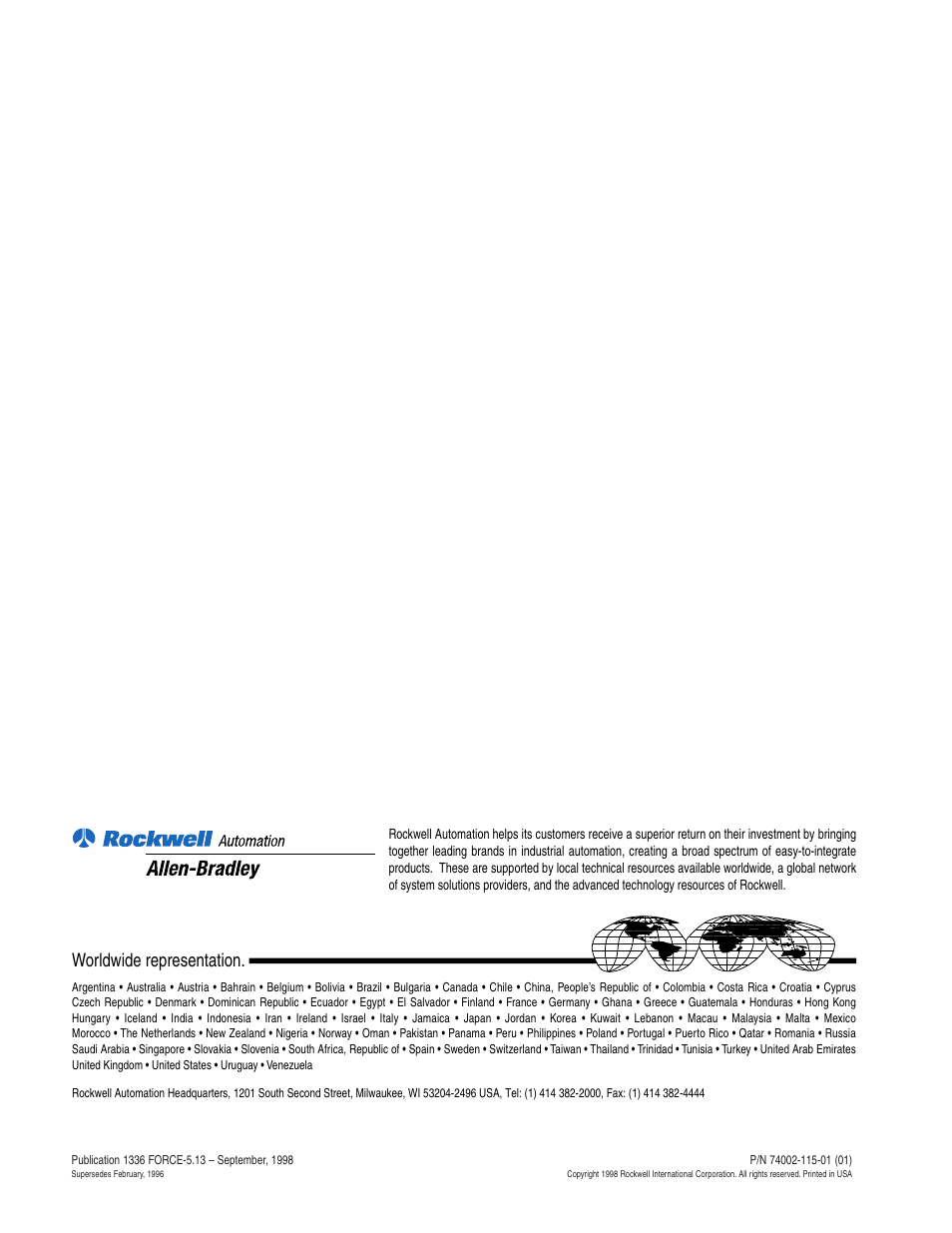 Back cover, Worldwide representation | Rockwell Automation 1336T PLC Comm. Adapter, Series B, FRN 2.xx-3.xx User Manual | Page 276 / 276