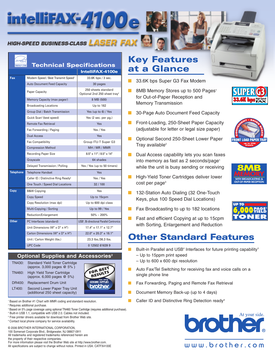 Key features at a glance, Other standard features, Toner | Technical specifications, Optional supplies and accessories | Brother IntelliFAX 4100e User Manual | Page 2 / 2