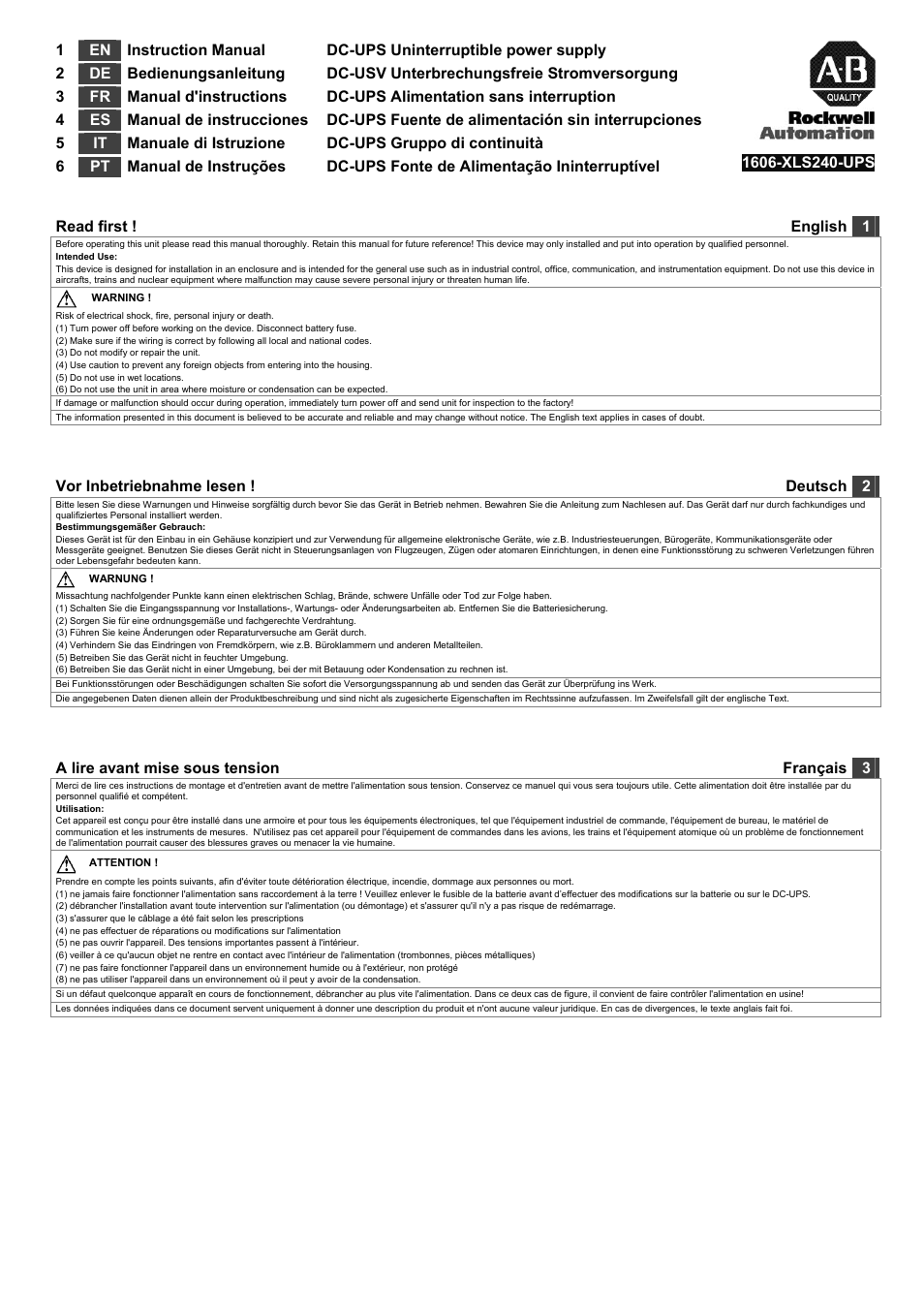 Rockwell Automation 1606-XLS240-UPS DC-UPS Uninterruptible Power Supply User Manual | 4 pages