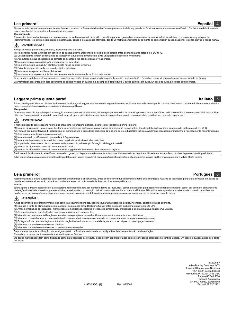 Lea primero! español 4, Leggere prima questa parte! italiano 5, Leia primeiro! portuguès 6 | Rockwell Automation 1606-XLS240-UPS DC-UPS Uninterruptible Power Supply User Manual | Page 2 / 4