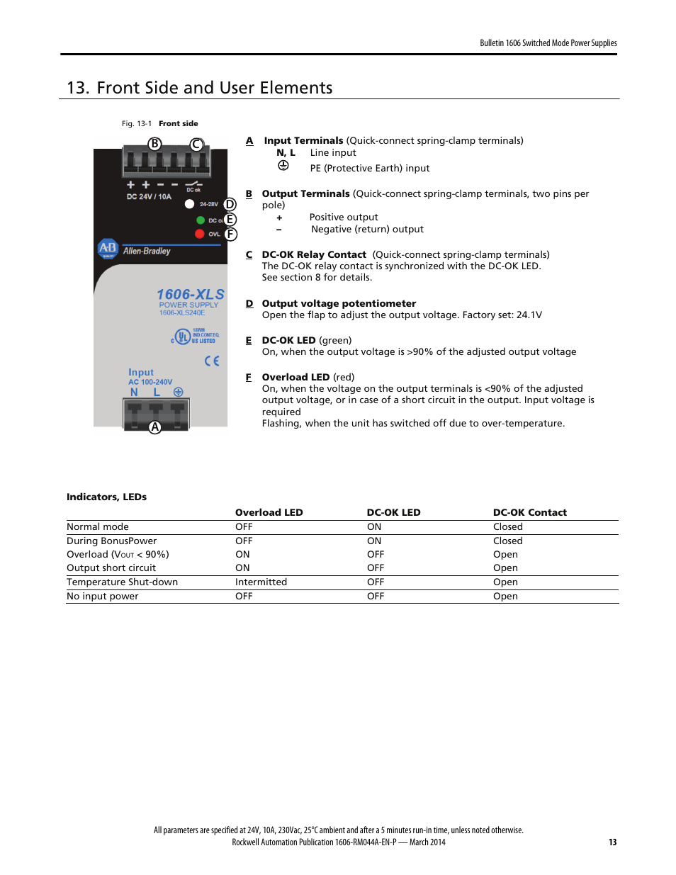 Front side and user elements | Rockwell Automation 1606-XLS240E, -XLS240EA, -XLS240EC, -XLS240E-D Power Supply Reference Manual User Manual | Page 13 / 28