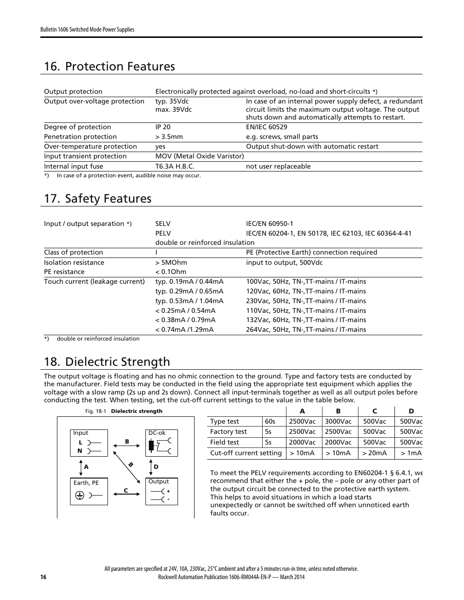 Protection features, Safety features, Dielectric strength | Rockwell Automation 1606-XLS240E, -XLS240EA, -XLS240EC, -XLS240E-D Power Supply Reference Manual User Manual | Page 16 / 28