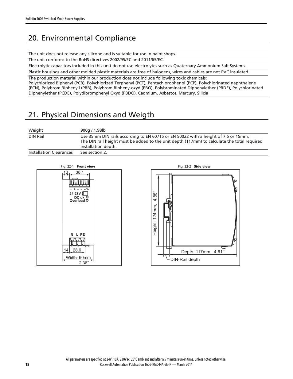 Environmental compliance, Physical dimensions and weigth | Rockwell Automation 1606-XLS240E, -XLS240EA, -XLS240EC, -XLS240E-D Power Supply Reference Manual User Manual | Page 18 / 28