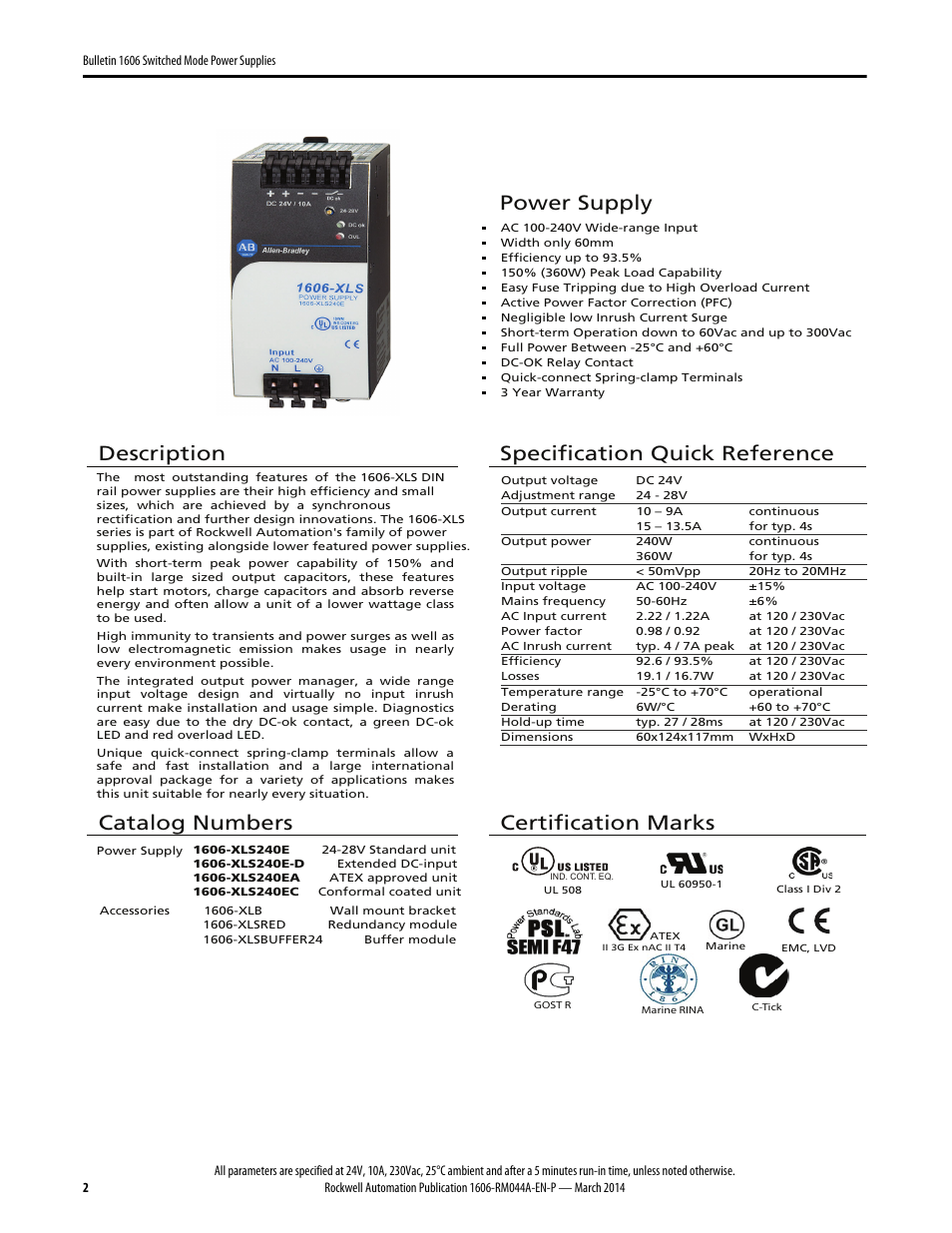Power supply, Description, Specification quick reference | Catalog numbers, Certification marks | Rockwell Automation 1606-XLS240E, -XLS240EA, -XLS240EC, -XLS240E-D Power Supply Reference Manual User Manual | Page 2 / 28