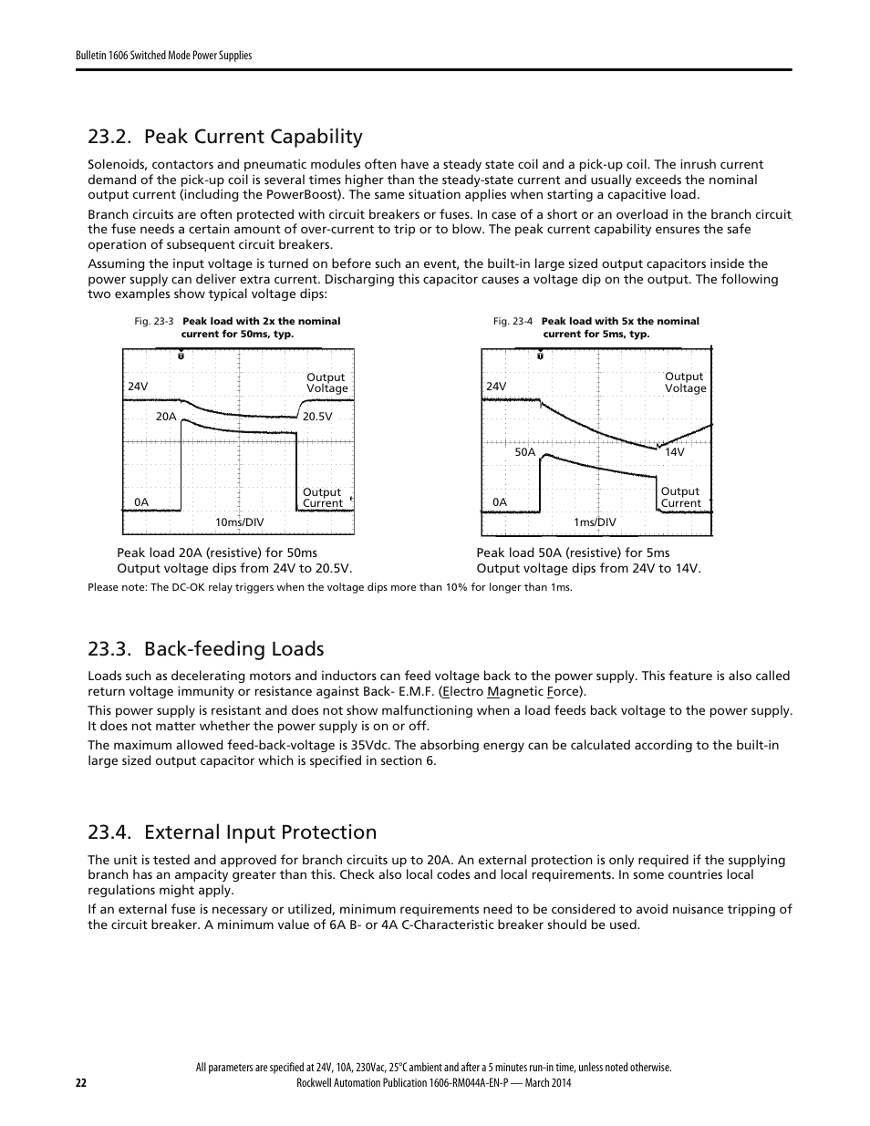 Peak current capability, Back-feeding loads, External input protection | Rockwell Automation 1606-XLS240E, -XLS240EA, -XLS240EC, -XLS240E-D Power Supply Reference Manual User Manual | Page 22 / 28