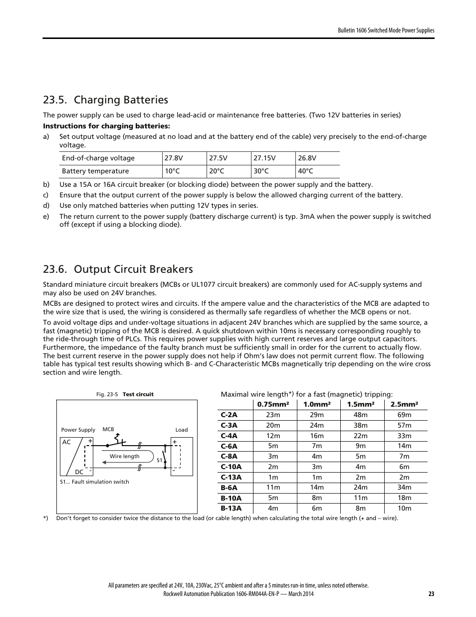 Charging batteries, Output circuit breakers | Rockwell Automation 1606-XLS240E, -XLS240EA, -XLS240EC, -XLS240E-D Power Supply Reference Manual User Manual | Page 23 / 28