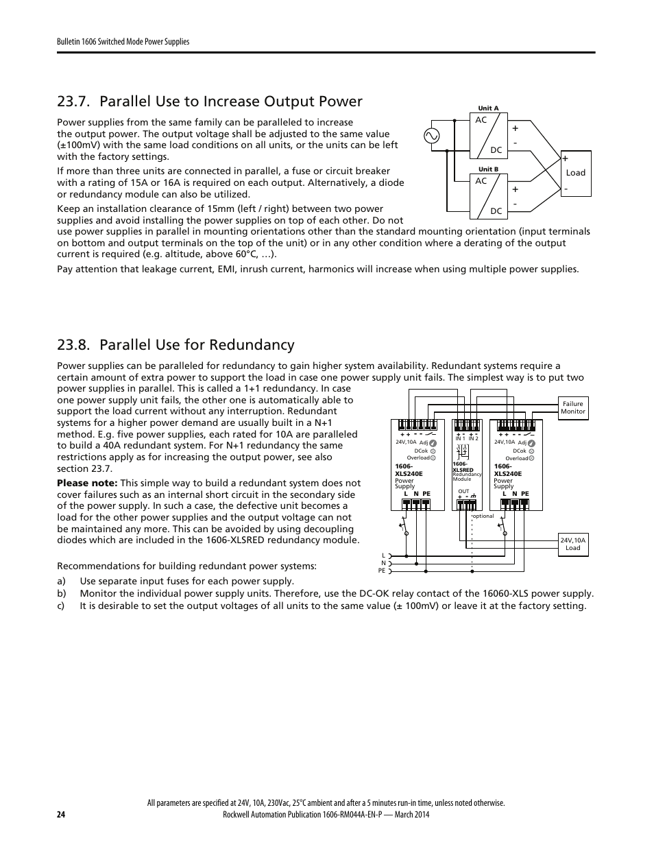 Parallel use to increase output power, Parallel use for redundancy | Rockwell Automation 1606-XLS240E, -XLS240EA, -XLS240EC, -XLS240E-D Power Supply Reference Manual User Manual | Page 24 / 28