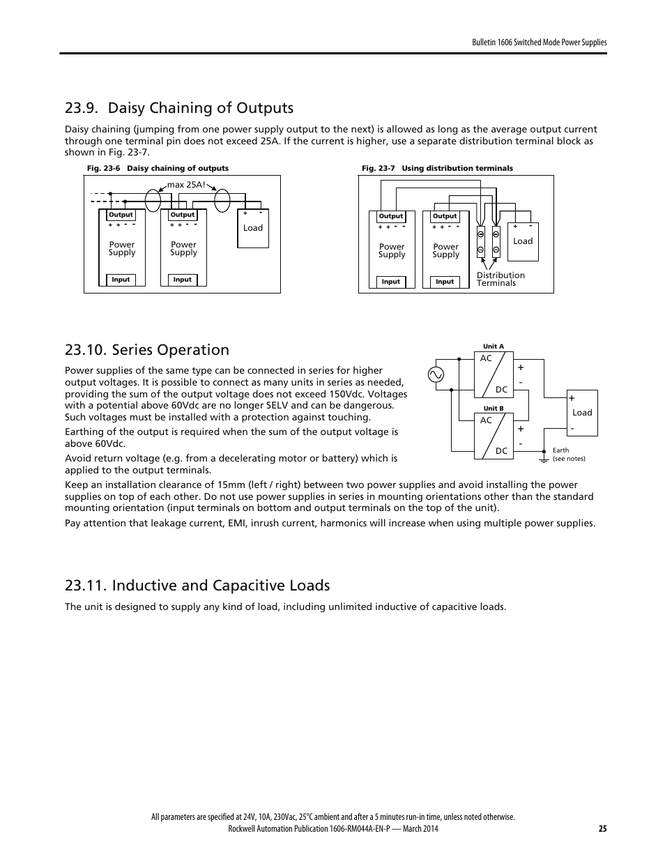 Daisy chaining of outputs, Series operation, Inductive and capacitive loads | Rockwell Automation 1606-XLS240E, -XLS240EA, -XLS240EC, -XLS240E-D Power Supply Reference Manual User Manual | Page 25 / 28