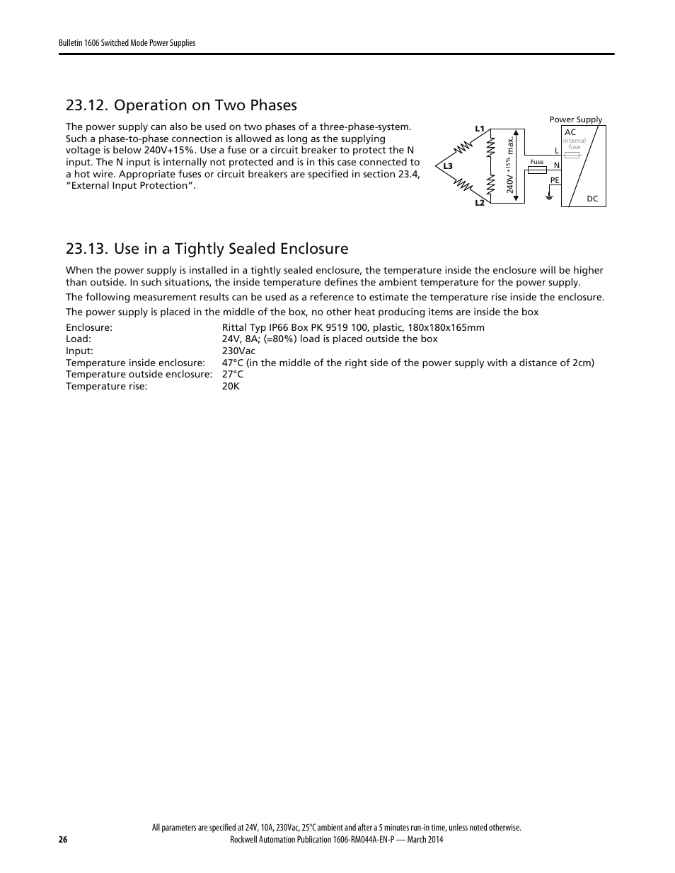 Operation on two phases, Use in a tightly sealed enclosure | Rockwell Automation 1606-XLS240E, -XLS240EA, -XLS240EC, -XLS240E-D Power Supply Reference Manual User Manual | Page 26 / 28