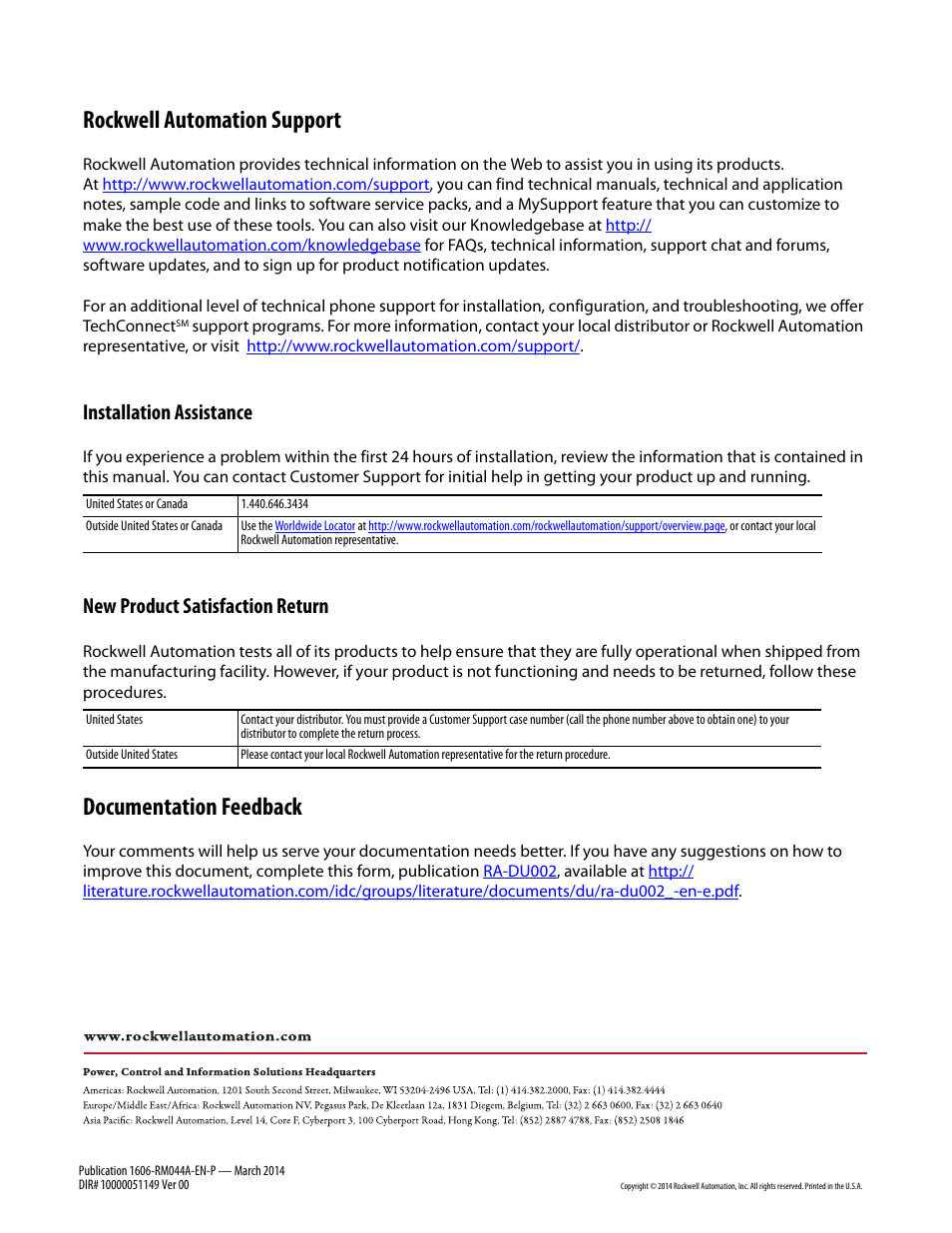 1606-rm044a back, Rockwell automation support, Documentation feedback | Installation assistance, New product satisfaction return | Rockwell Automation 1606-XLS240E, -XLS240EA, -XLS240EC, -XLS240E-D Power Supply Reference Manual User Manual | Page 28 / 28