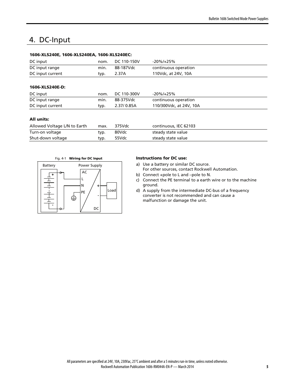Dc-input | Rockwell Automation 1606-XLS240E, -XLS240EA, -XLS240EC, -XLS240E-D Power Supply Reference Manual User Manual | Page 5 / 28