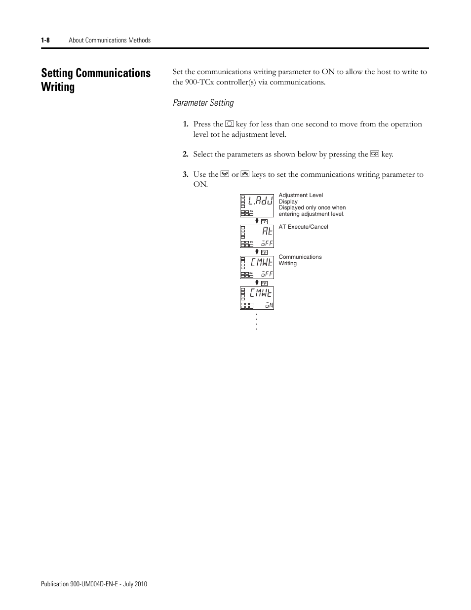 Parameter setting, Setting communications writing -8, Setting communications writing | L.adj, Cmwt | Rockwell Automation 900 Temperature Controller Communications Functions - Series B User Manual | Page 16 / 103