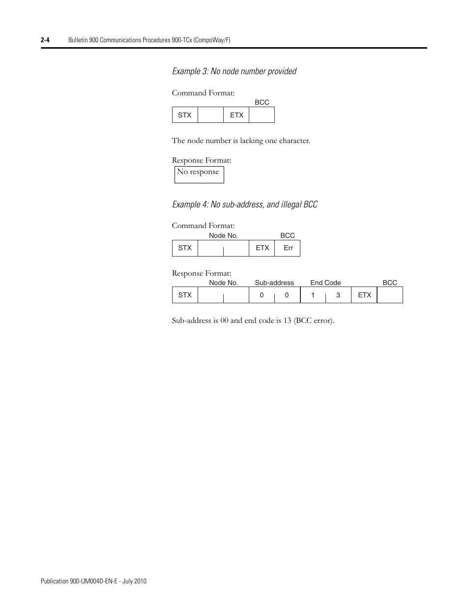 Example 3: no node number provided, Example 4: no sub-address, and illegal bcc | Rockwell Automation 900 Temperature Controller Communications Functions - Series B User Manual | Page 20 / 103