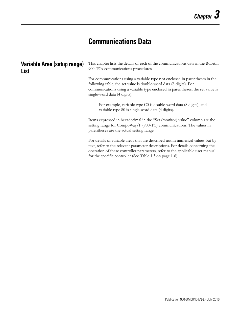 Communications data, Chapter 3, Variable area (setup range) list -1 | Rockwell Automation 900 Temperature Controller Communications Functions - Series B User Manual | Page 43 / 103