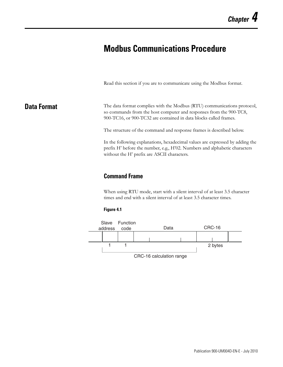 Modbus communications procedure, Figure 4.1, Chapter 4 | Data format -1, Command frame -1, Chapter, Data format | Rockwell Automation 900 Temperature Controller Communications Functions - Series B User Manual | Page 59 / 103