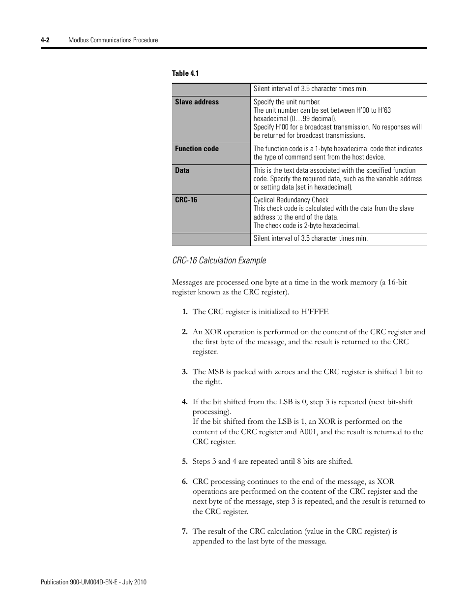 Crc-16 calculation example | Rockwell Automation 900 Temperature Controller Communications Functions - Series B User Manual | Page 60 / 103