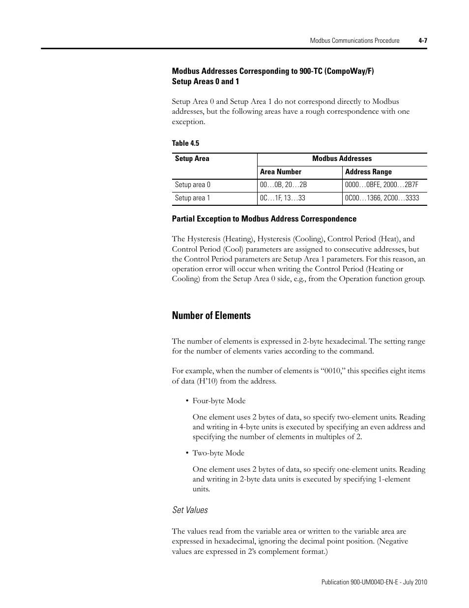 Partial exception to modbus address correspondence, Set values, Number of elements -7 | Number of elements | Rockwell Automation 900 Temperature Controller Communications Functions - Series B User Manual | Page 65 / 103